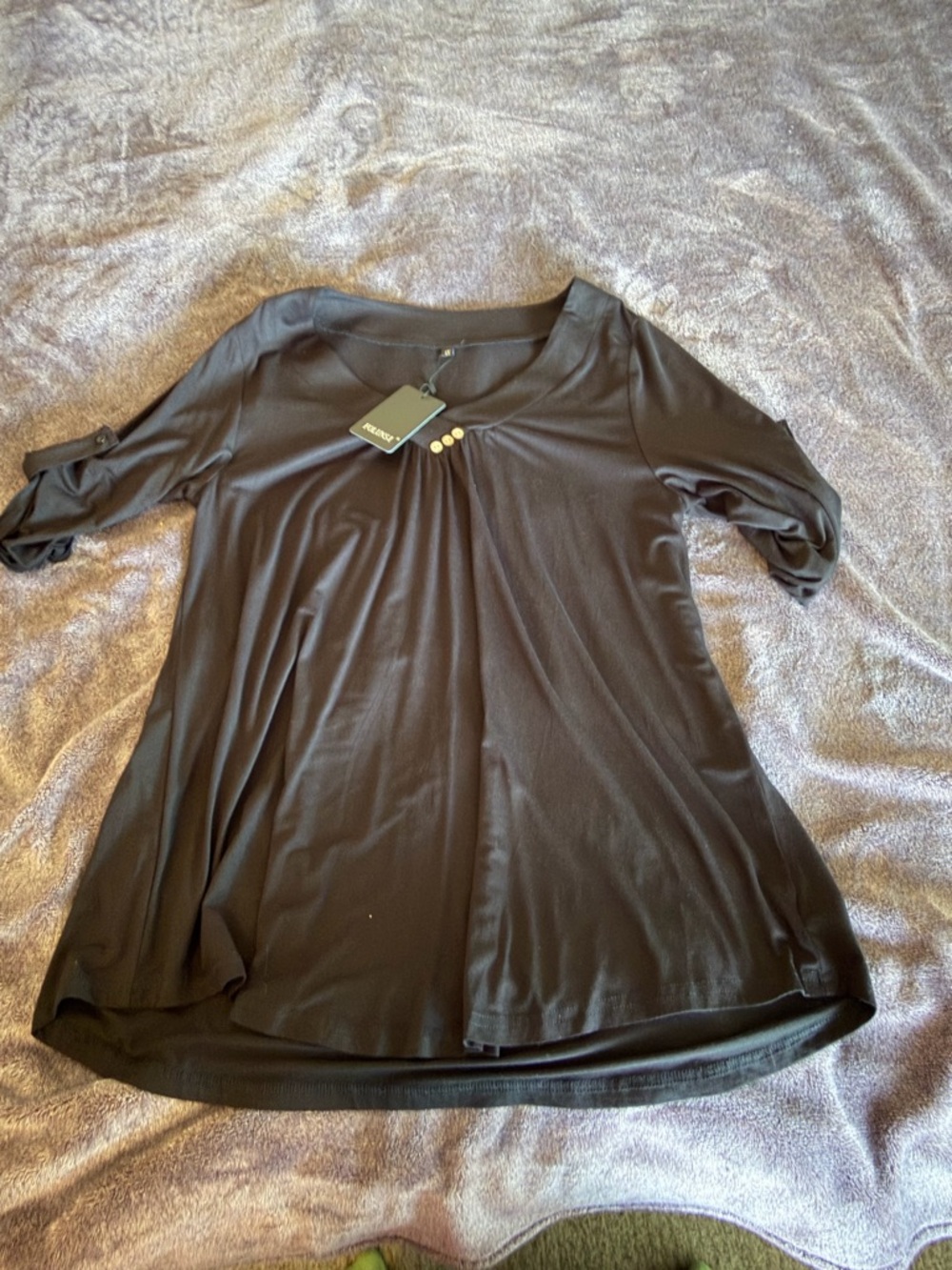 New With Tags Plus Size 1X Folunsi 3/4 Sleeve Black Blouse Button Detail